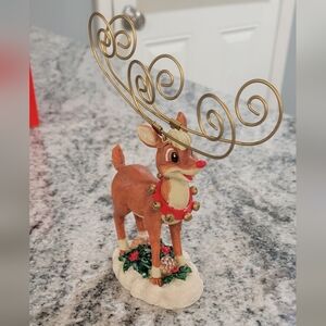 Festive Reindeer Figurine Card Holder with Gold Antlers